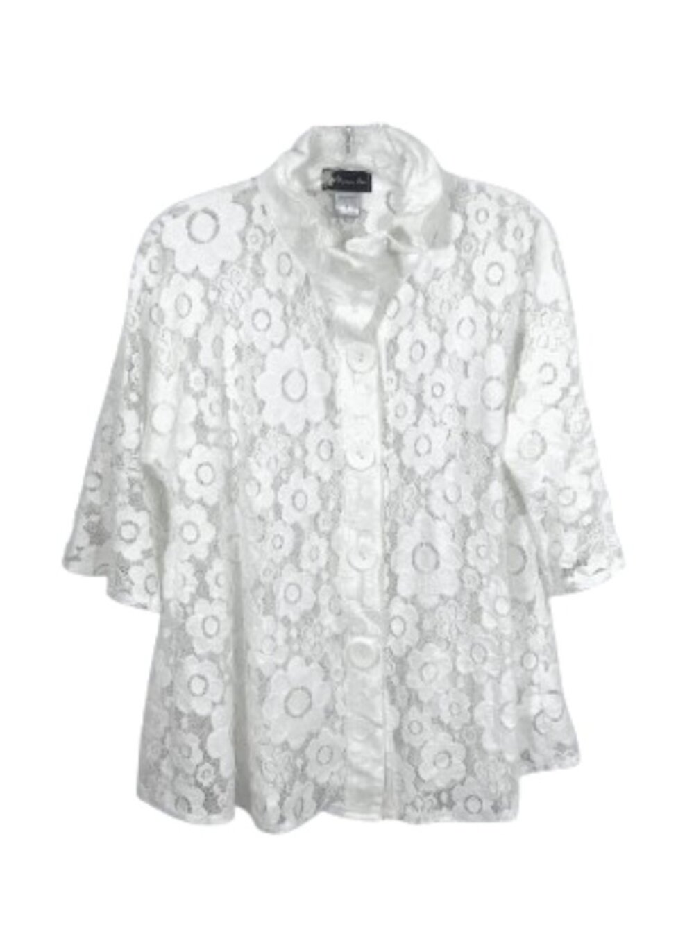Damee Floral Eyelet Bell Sleeve Ruffle Neck Sheer Blouse Button Front White M
